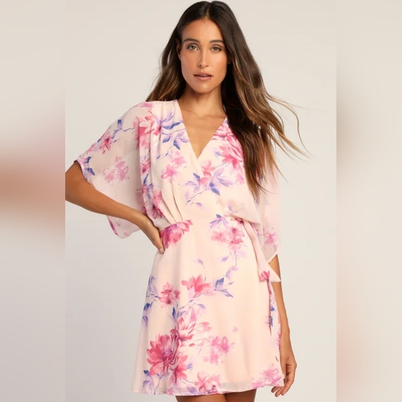 Lulus Lovely Aura Blush Pink Floral Short Sleeve Wrap Dress M - Picture 7 of 9